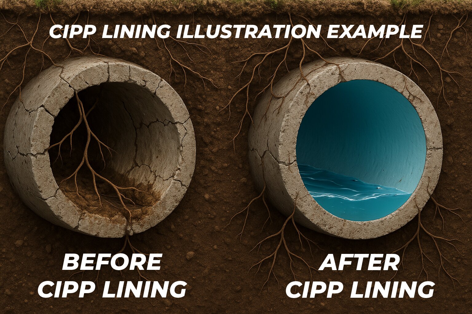 CIPP lining illustration showing comparison of sewer pipe condition before and after rehabilitation, highlighting improvements in structural integrity and flow efficiency.