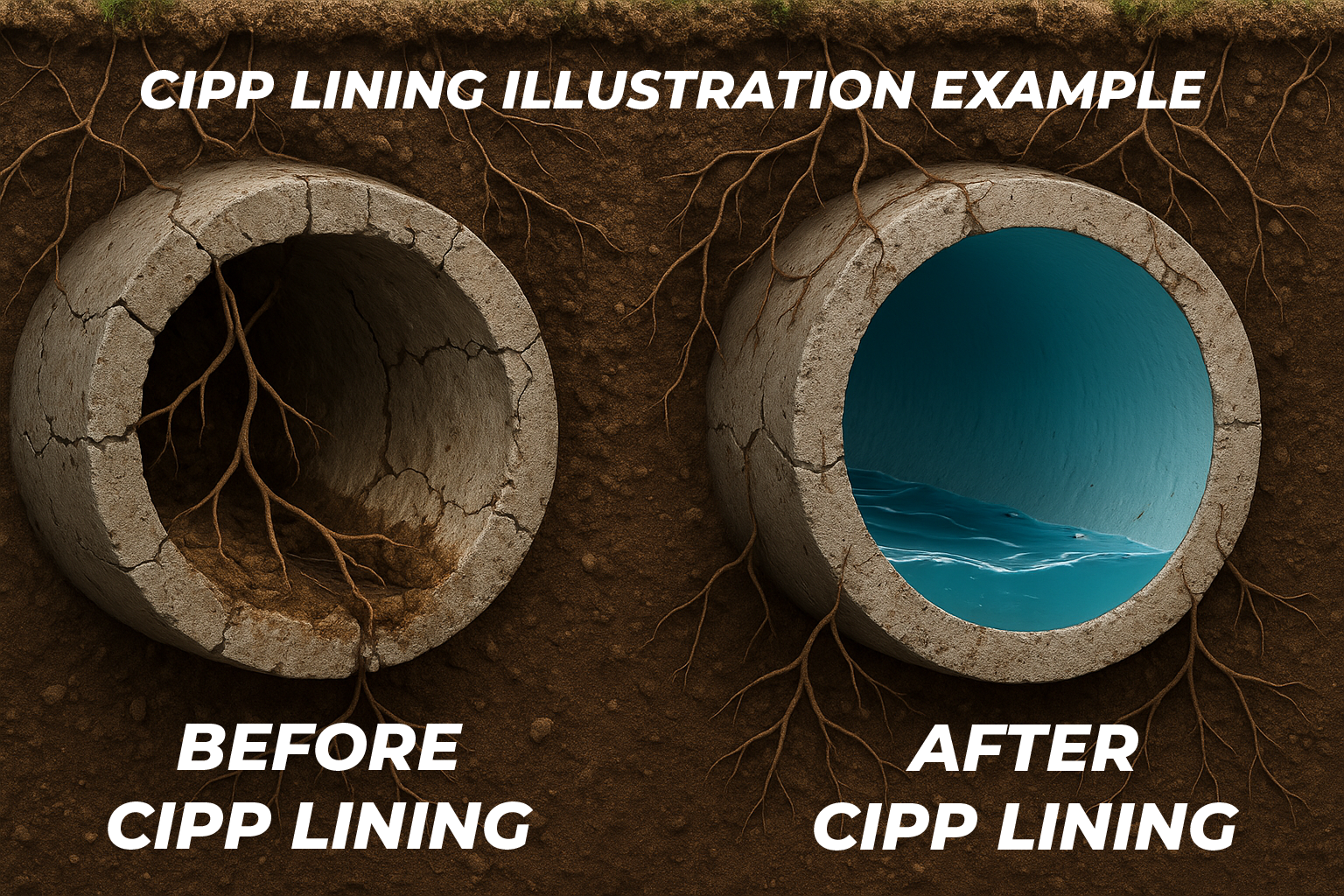 CIPP lining illustration showing a deteriorated sewer pipe before rehabilitation with roots and debris on the left, and a restored pipe with clean water on the right, highlighting trenchless rehabilitation techniques for sewer systems.