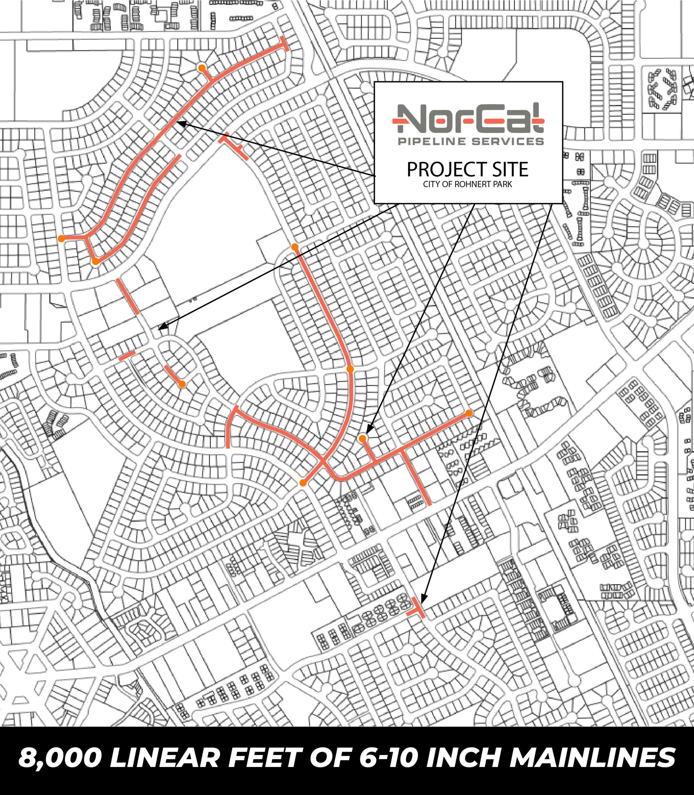 Map of Rohnert Park, CA, highlighting the project site for sewer rehabilitation, showing 8,000 linear feet of 6”–10” mainlines, marked routes, and Nor-Cal Pipeline Services branding.