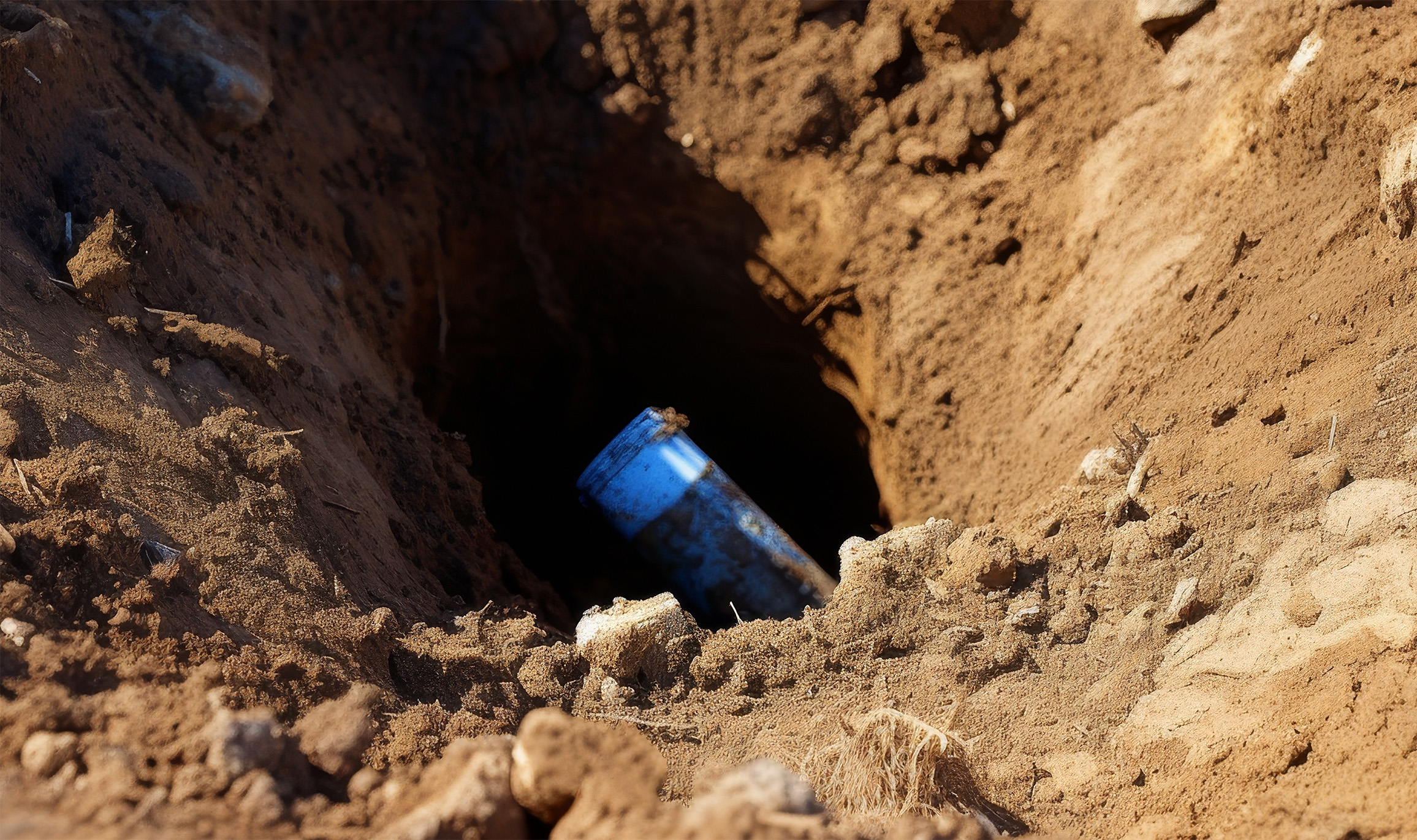 Excavated soil revealing a blue utility marker in a trench, illustrating Subsurface Utility Engineering (S.U.E.) for safe excavation and utility mapping.